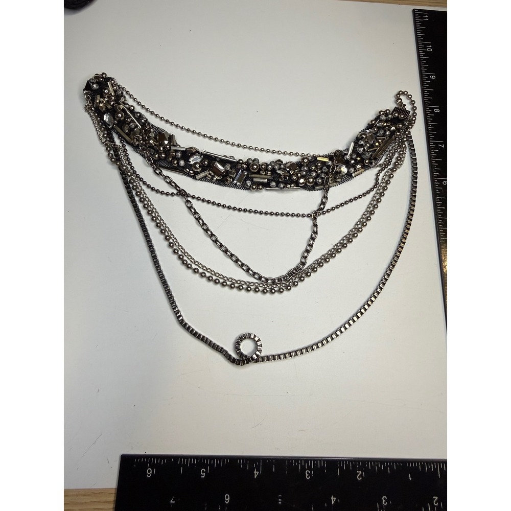 Gunmetal Beaded Mesh Head Piece Multi Strand Draped Chain Statement Accessory